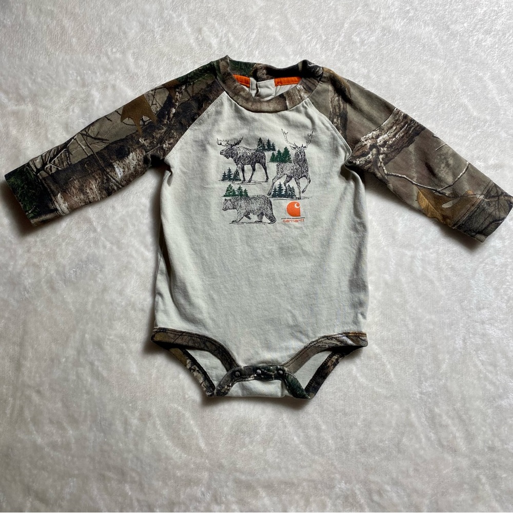 CARHARTT Baby 9M Woodland Onesie Bodysuit Long-Sleeve Moose Elk Bear Camo Winter